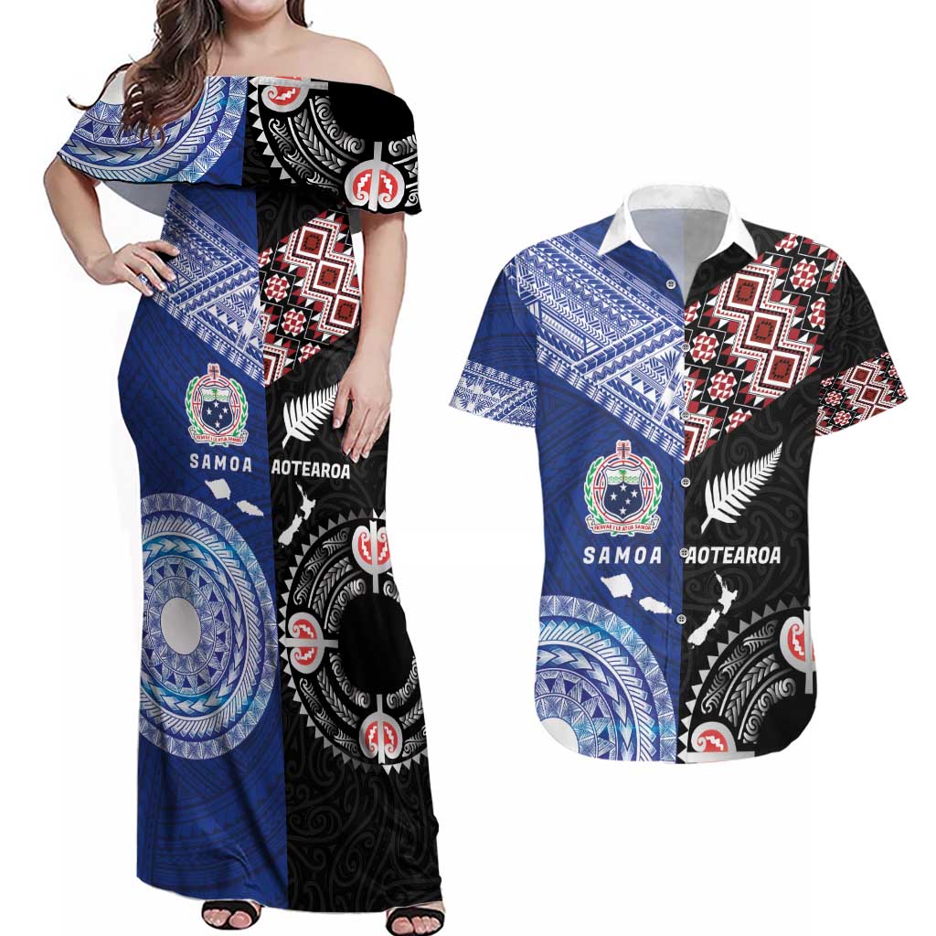 Personalised Aotearoa and Samoa Together Couples Matching Off Shoulder Maxi Dress and Hawaiian Shirt Tatau Art Tattoos-Taniko and Tukutuku with Maori Pattern