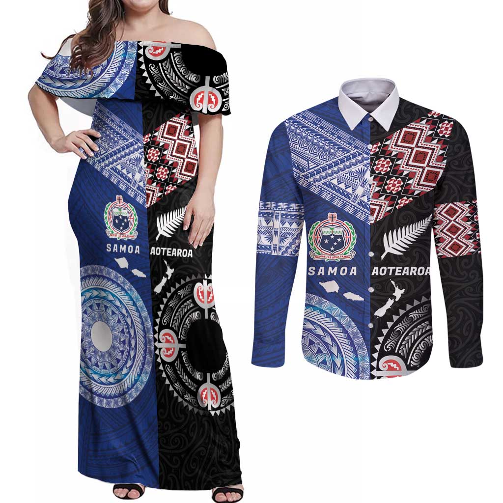 Personalised Aotearoa and Samoa Together Couples Matching Off Shoulder Maxi Dress and Long Sleeve Button Shirt Tatau Art Tattoos-Taniko and Tukutuku with Maori Pattern LT03 Black - Polynesian Pride