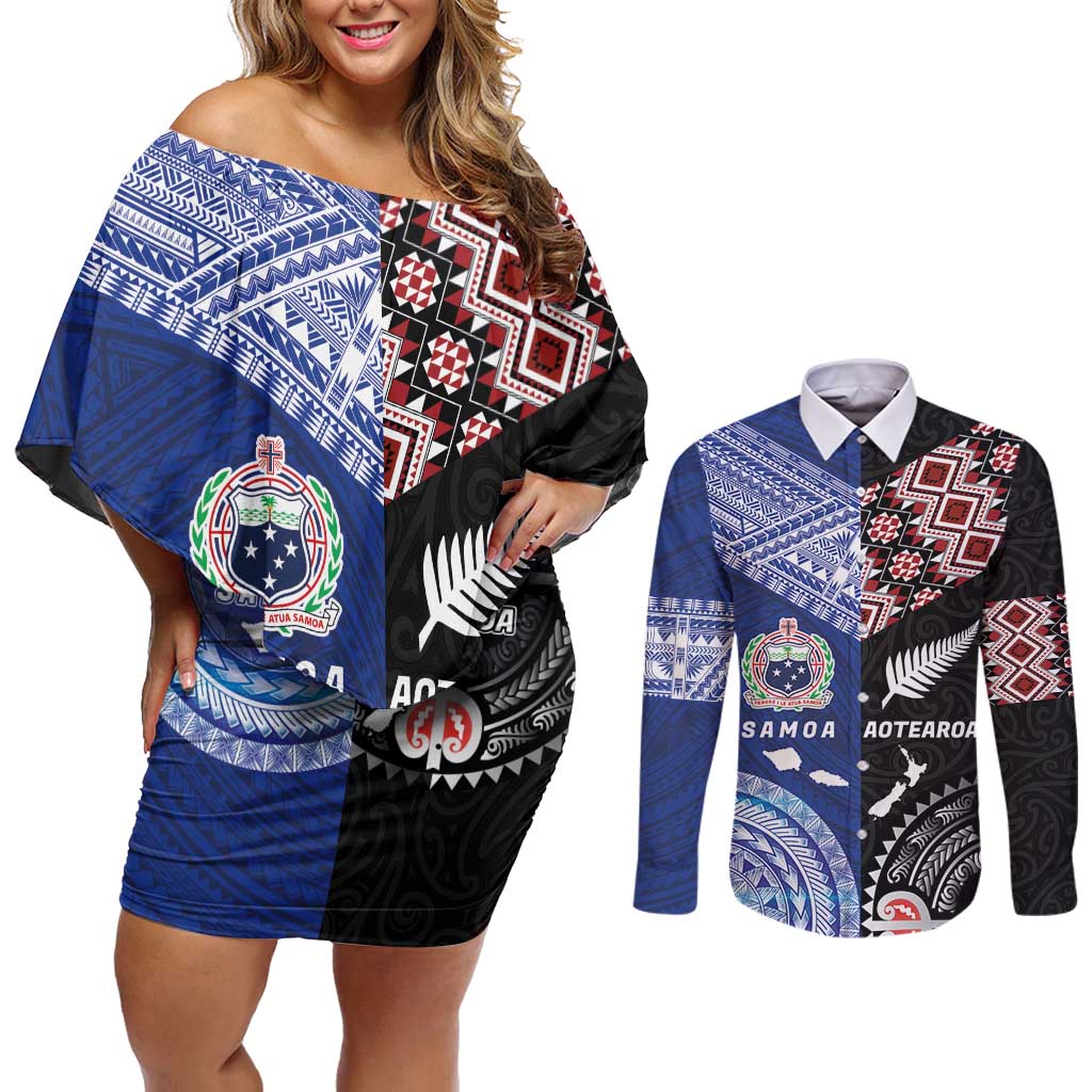 Personalised Aotearoa and Samoa Together Couples Matching Off Shoulder Short Dress and Long Sleeve Button Shirt Tatau Art Tattoos-Taniko and Tukutuku with Maori Pattern LT03 Black - Polynesian Pride