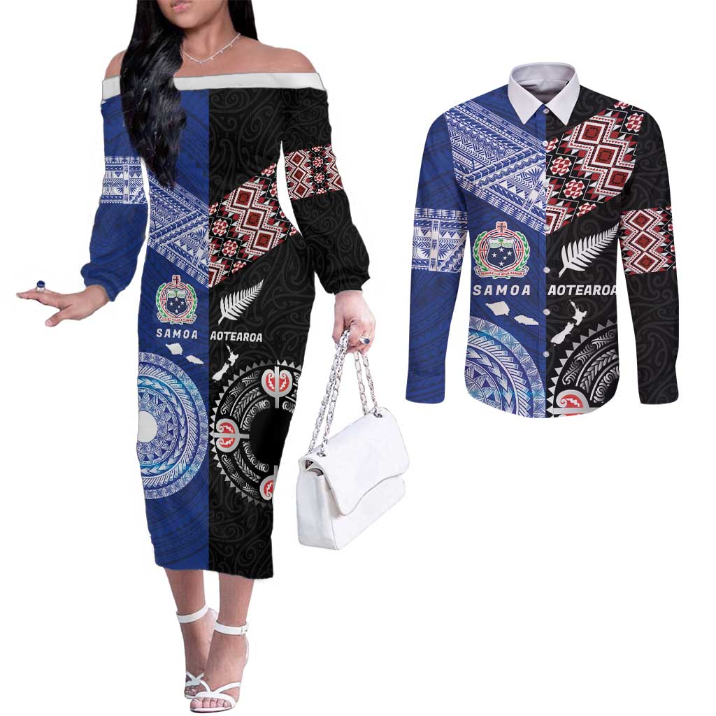 Personalised Aotearoa and Samoa Together Couples Matching Off The Shoulder Long Sleeve Dress and Long Sleeve Button Shirt Tatau Art Tattoos-Taniko and Tukutuku with Maori Pattern LT03 Black - Polynesian Pride