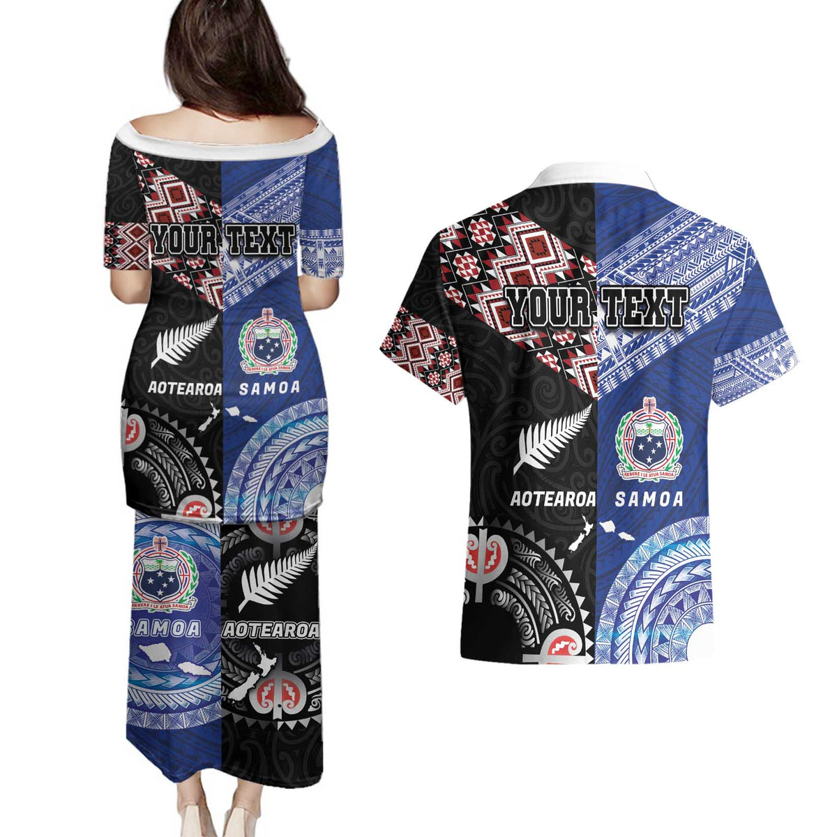 Personalised Aotearoa and Samoa Together Couples Matching Puletasi and Hawaiian Shirt Tatau Art Tattoos-Taniko and Tukutuku with Maori Pattern