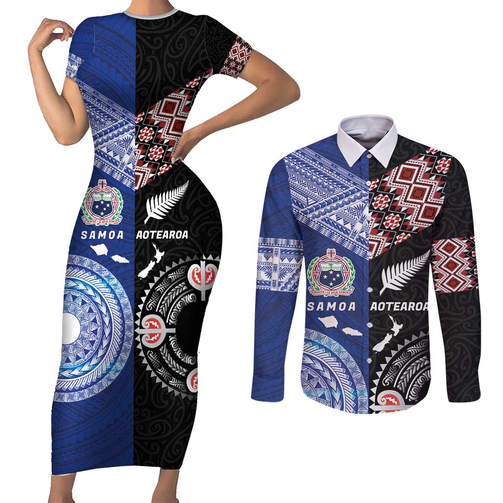 Personalised Aotearoa and Samoa Together Couples Matching Short Sleeve Bodycon Dress and Long Sleeve Button Shirt Tatau Art Tattoos-Taniko and Tukutuku with Maori Pattern LT03 Black - Polynesian Pride