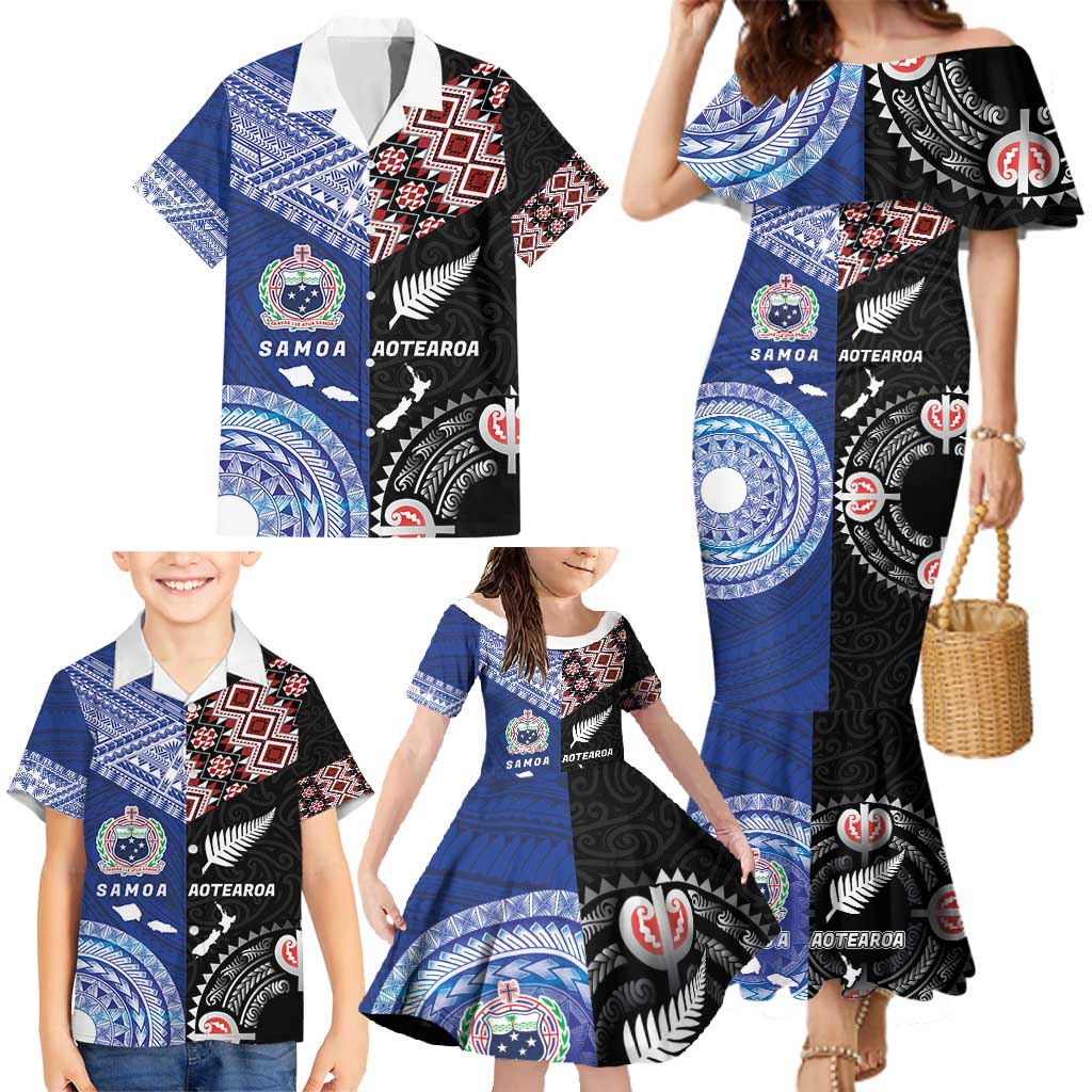 Personalised Aotearoa and Samoa Together Family Matching Mermaid Dress and Hawaiian Shirt Tatau Art Tattoos-Taniko and Tukutuku with Maori Pattern