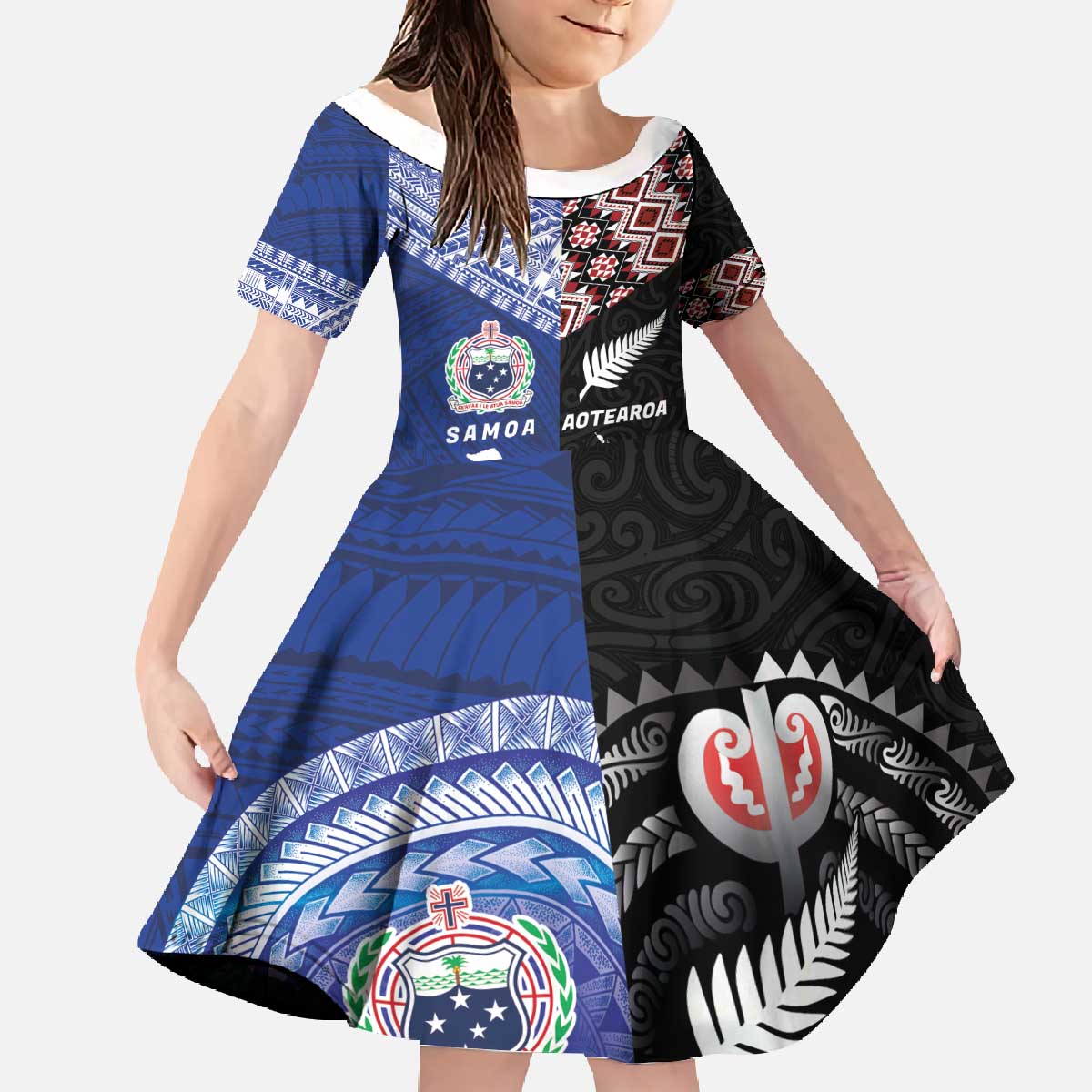 Personalised Aotearoa and Samoa Together Family Matching Off The Shoulder Long Sleeve Dress and Hawaiian Shirt Tatau Art Tattoos-Taniko and Tukutuku with Maori Pattern