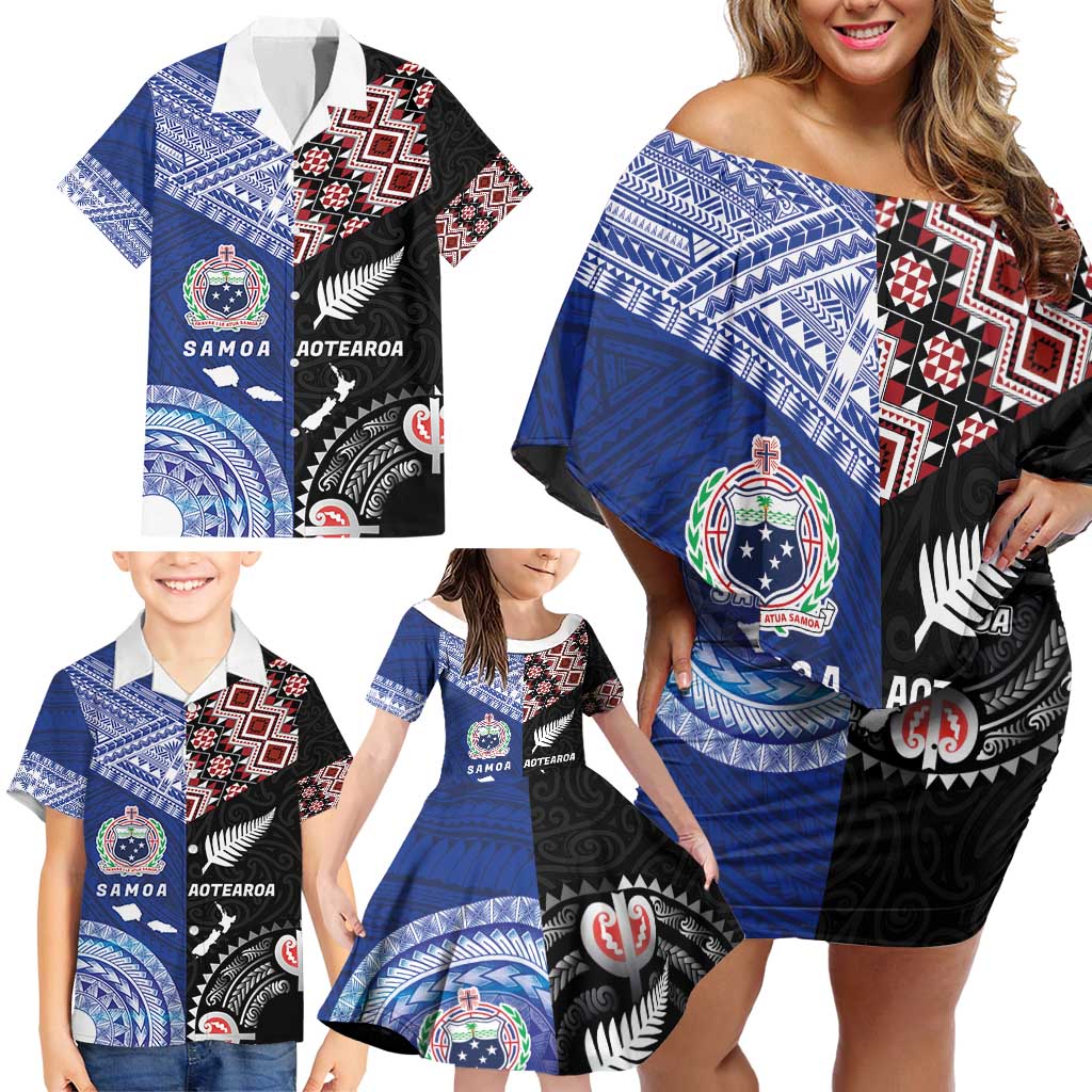 Personalised Aotearoa and Samoa Together Family Matching Off Shoulder Short Dress and Hawaiian Shirt Tatau Art Tattoos-Taniko and Tukutuku with Maori Pattern