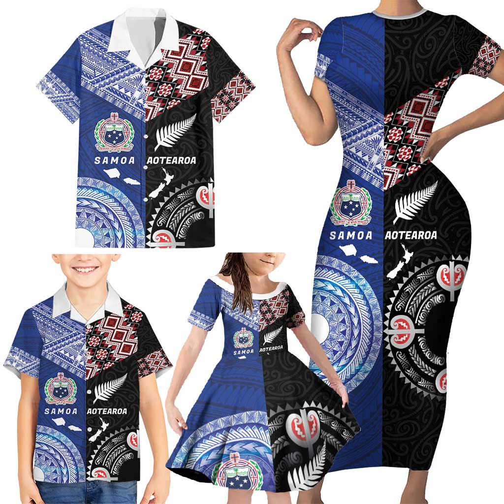 Personalised Aotearoa and Samoa Together Family Matching Short Sleeve Bodycon Dress and Hawaiian Shirt Tatau Art Tattoos-Taniko and Tukutuku with Maori Pattern