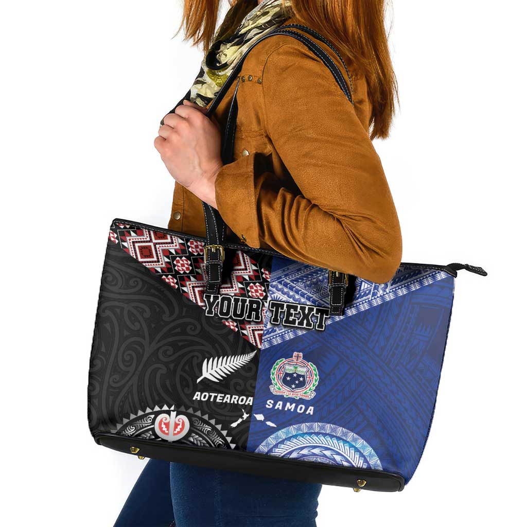 Personalised Aotearoa and Samoa Together Leather Tote Bag Tatau Art Tattoos-Taniko and Tukutuku with Maori Pattern LT03 Black - Polynesian Pride