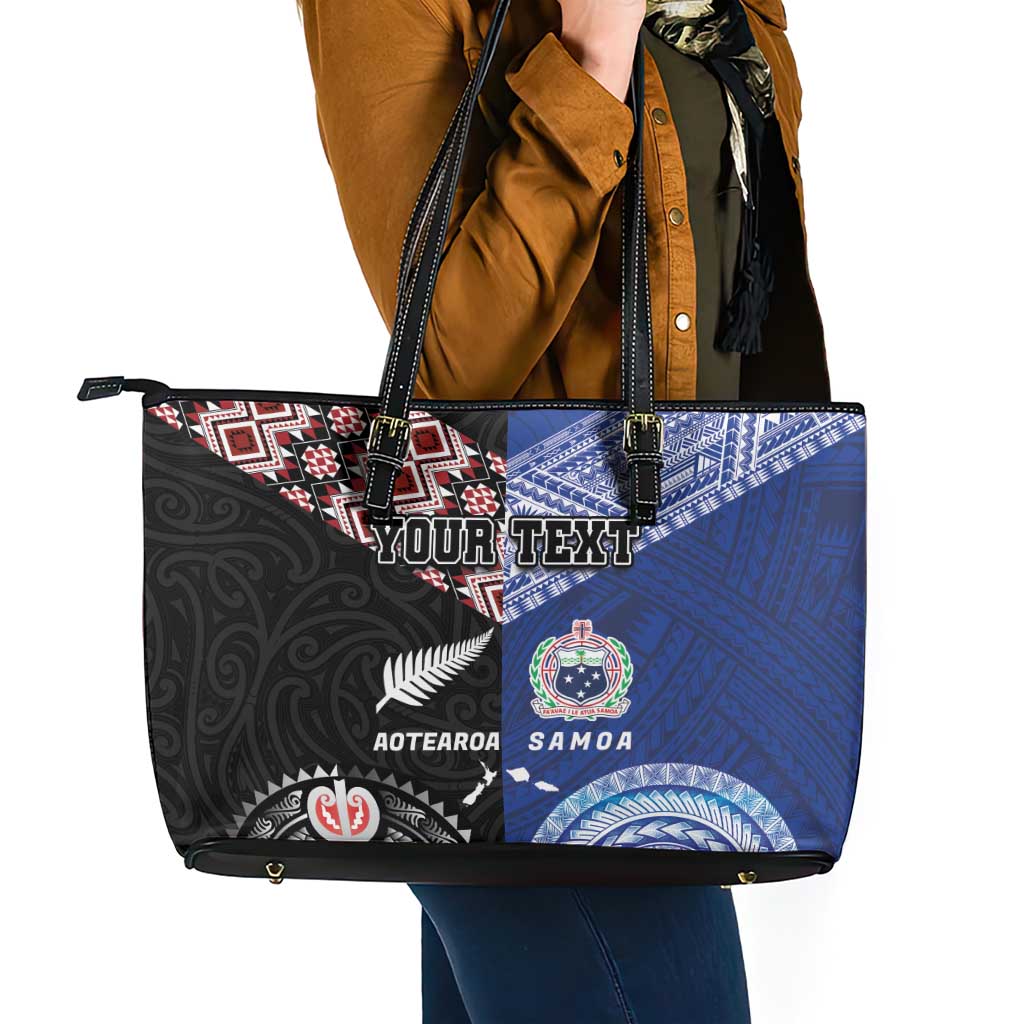 Personalised Aotearoa and Samoa Together Leather Tote Bag Tatau Art Tattoos-Taniko and Tukutuku with Maori Pattern LT03 - Polynesian Pride