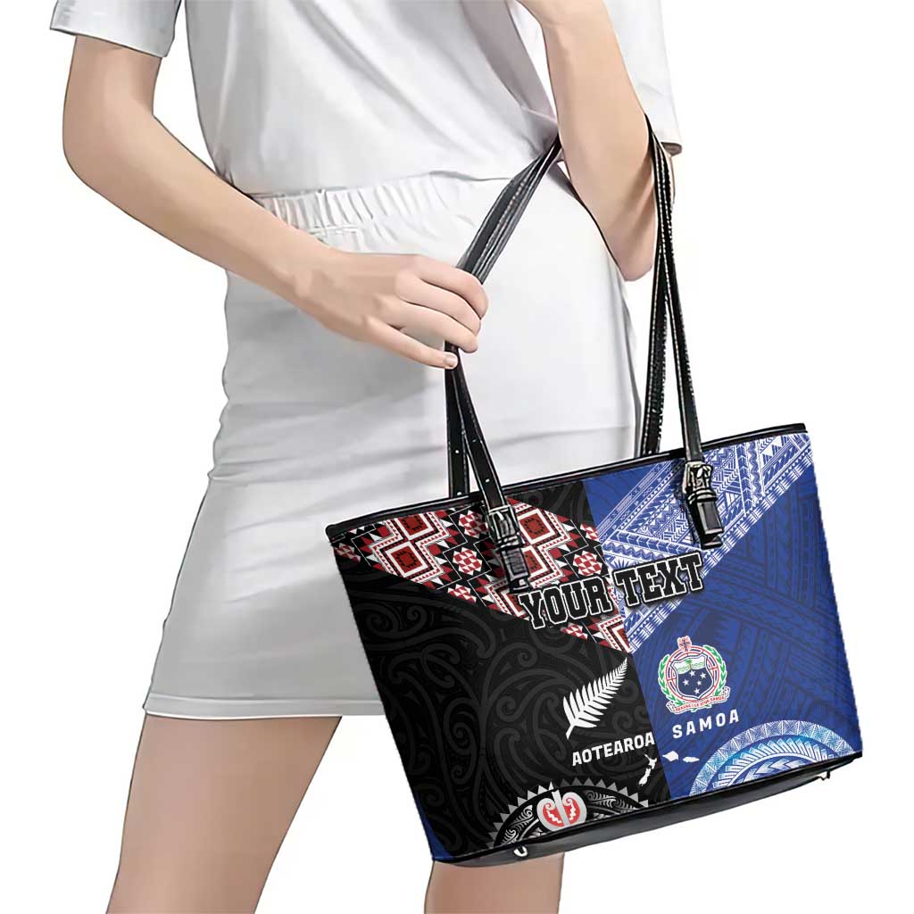 Personalised Aotearoa and Samoa Together Leather Tote Bag Tatau Art Tattoos-Taniko and Tukutuku with Maori Pattern LT03 - Polynesian Pride