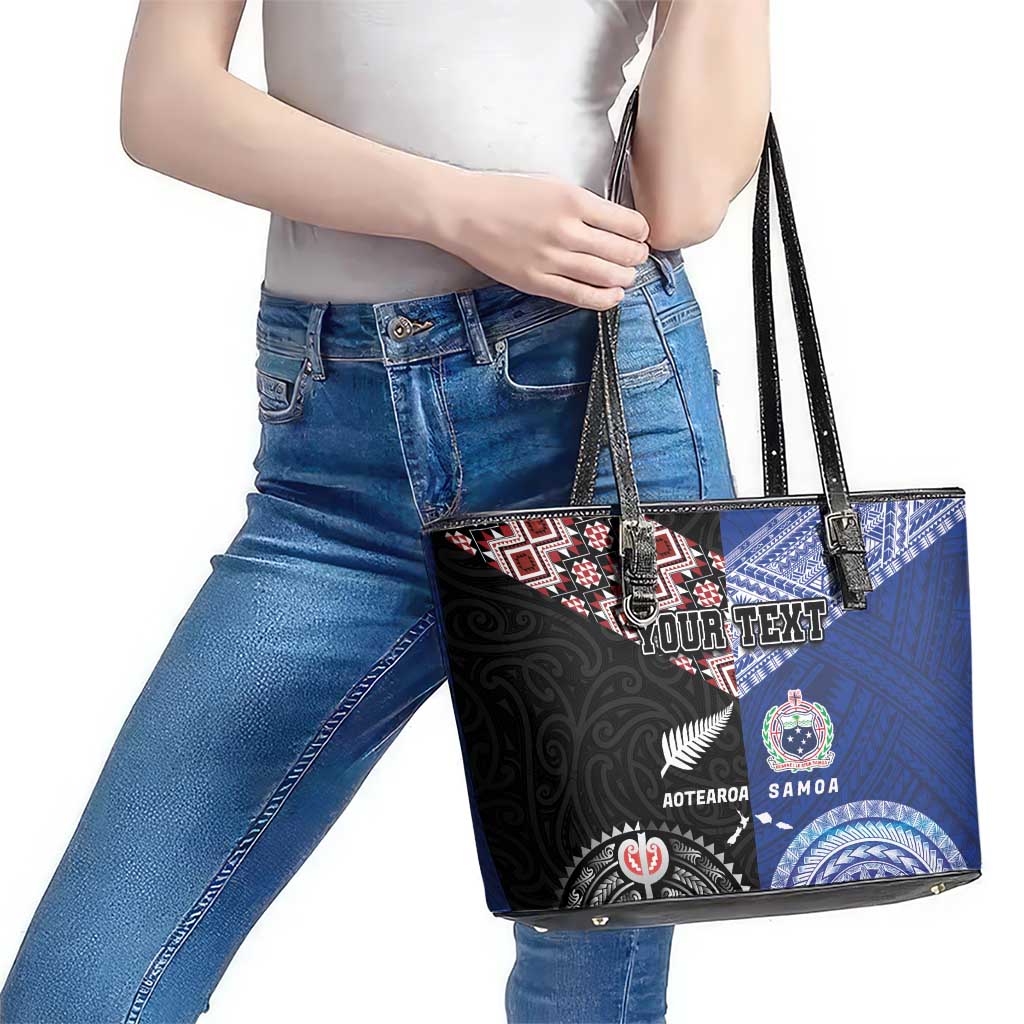 Personalised Aotearoa and Samoa Together Leather Tote Bag Tatau Art Tattoos-Taniko and Tukutuku with Maori Pattern LT03 - Polynesian Pride
