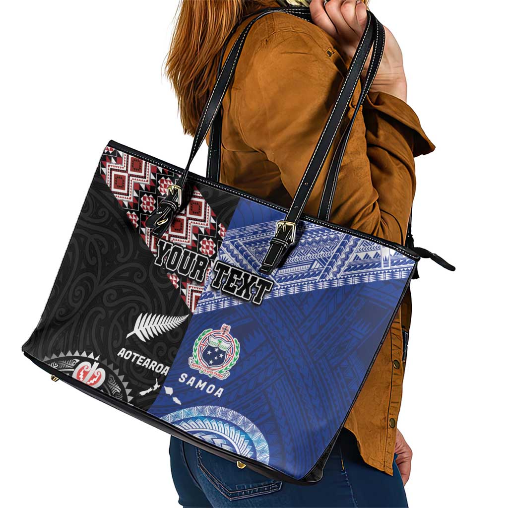 Personalised Aotearoa and Samoa Together Leather Tote Bag Tatau Art Tattoos-Taniko and Tukutuku with Maori Pattern LT03 - Polynesian Pride