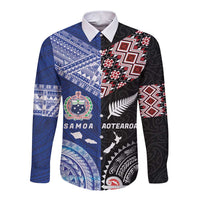 Personalised Aotearoa and Samoa Together Long Sleeve Button Shirt Tatau Art Tattoos-Taniko and Tukutuku with Maori Pattern LT03 Unisex Black - Polynesian Pride