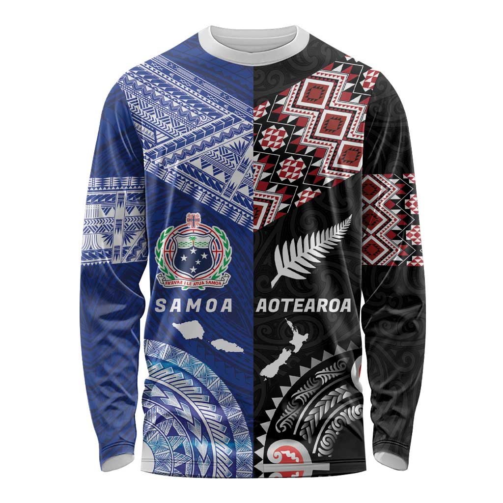 Personalised Aotearoa and Samoa Together Long Sleeve Shirt Tatau Art Tattoos-Taniko and Tukutuku with Maori Pattern LT03 Unisex Black - Polynesian Pride