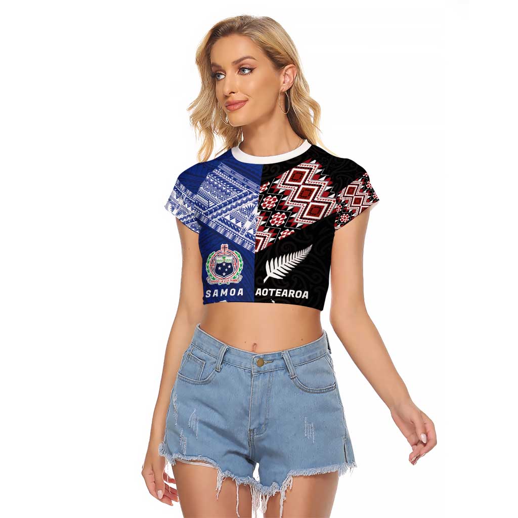 Personalised Aotearoa and Samoa Together Raglan Cropped T Shirt Tatau Art Tattoos-Taniko and Tukutuku with Maori Pattern LT03 Female Black - Polynesian Pride