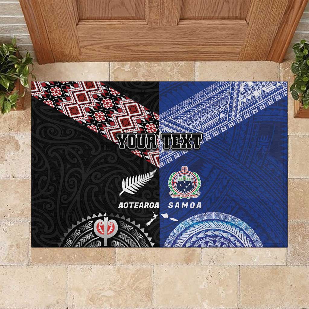 Personalised Aotearoa and Samoa Together Rubber Doormat Tatau Art Tattoos-Taniko and Tukutuku with Maori Pattern LT03 Black - Polynesian Pride
