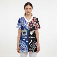 Personalised Aotearoa and Samoa Together Scrub Top Tatau Art Tattoos-Taniko and Tukutuku with Maori Pattern - Polynesian Pride