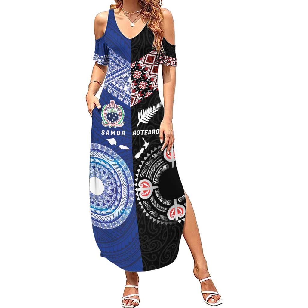 Personalised Aotearoa and Samoa Together Summer Maxi Dress Tatau Art Tattoos-Taniko and Tukutuku with Maori Pattern LT03 Women Black - Polynesian Pride