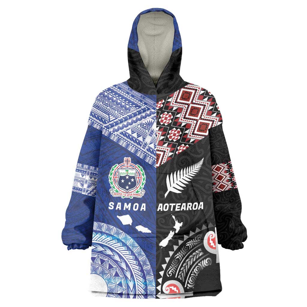 Personalised Aotearoa and Samoa Together Wearable Blanket Hoodie Tatau Art Tattoos-Taniko and Tukutuku with Maori Pattern LT03 One Size Black - Polynesian Pride