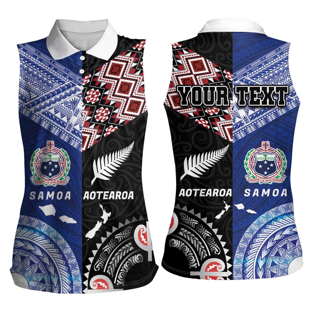 Personalised Aotearoa and Samoa Together Women Sleeveless Polo Shirt Tatau Art Tattoos-Taniko and Tukutuku with Maori Pattern