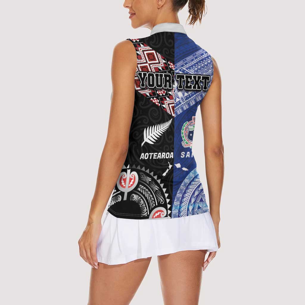 Personalised Aotearoa and Samoa Together Women Sleeveless Polo Shirt Tatau Art Tattoos-Taniko and Tukutuku with Maori Pattern