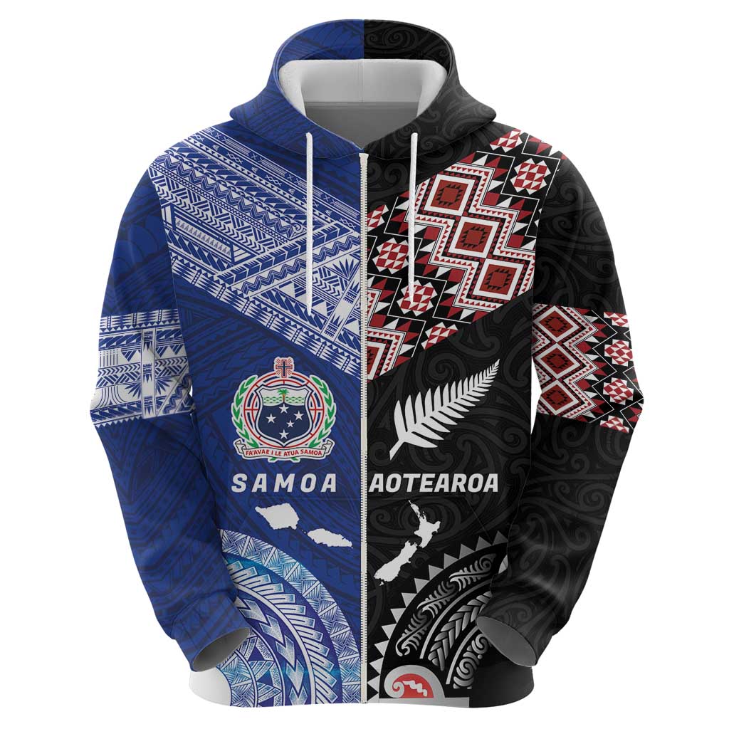 Personalised Aotearoa and Samoa Together Zip Hoodie Tatau Art Tattoos-Taniko and Tukutuku with Maori Pattern
