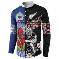 Custom Aotearoa and Samoa Rugby Button Sweatshirt Maori Warrior and Teuila Emblem-Tatau with Taniko Art