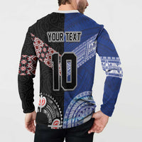 Custom Aotearoa and Samoa Rugby Button Sweatshirt Maori Warrior and Teuila Emblem-Tatau with Taniko Art