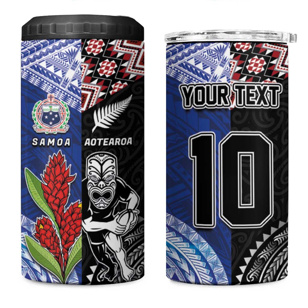 Custom Aotearoa and Samoa Rugby 4 in 1 Can Cooler Tumbler Maori Warrior and Teuila Emblem-Tatau with Taniko Art