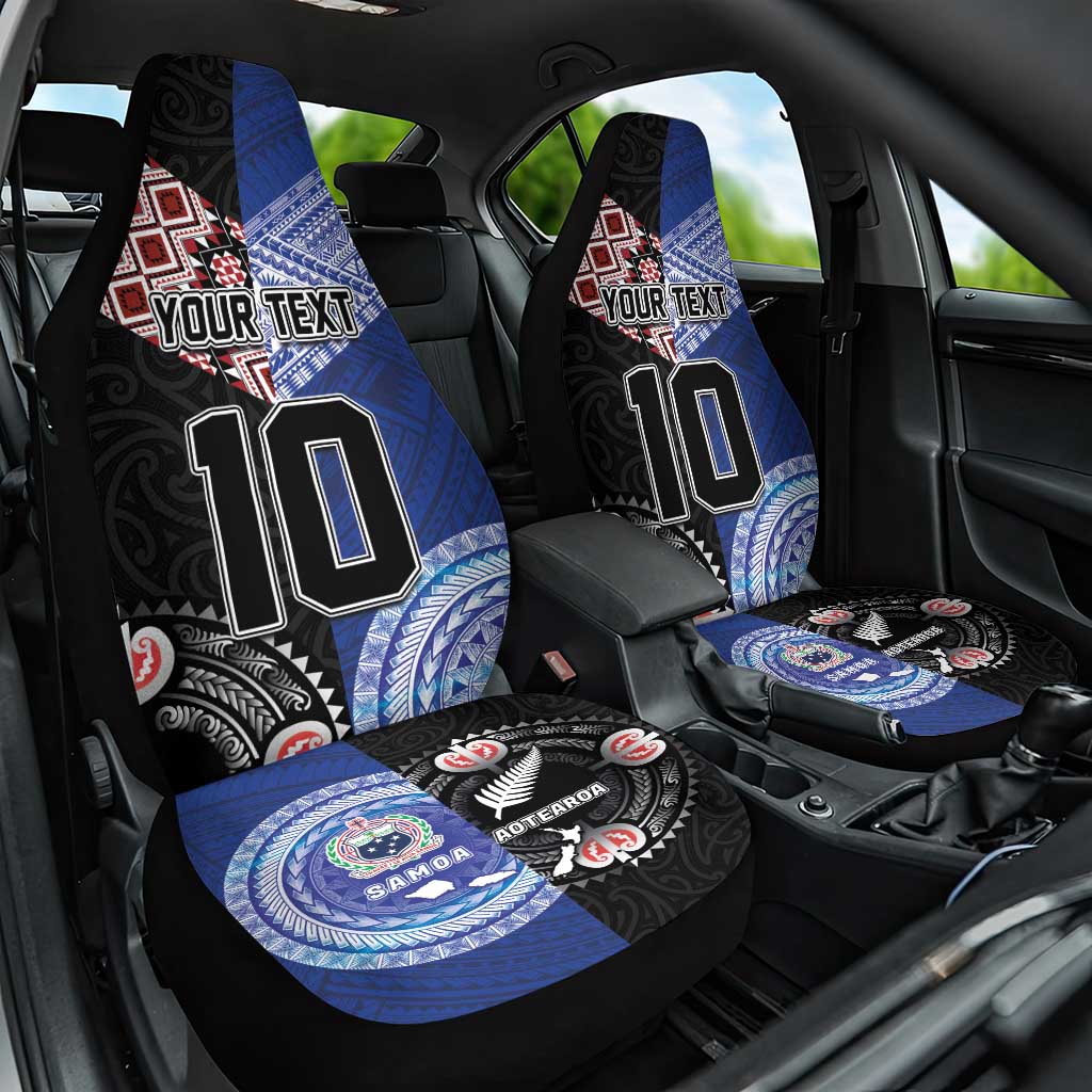 Custom Aotearoa and Samoa Rugby Car Seat Cover Maori Warrior and Teuila Emblem-Tatau with Taniko Art