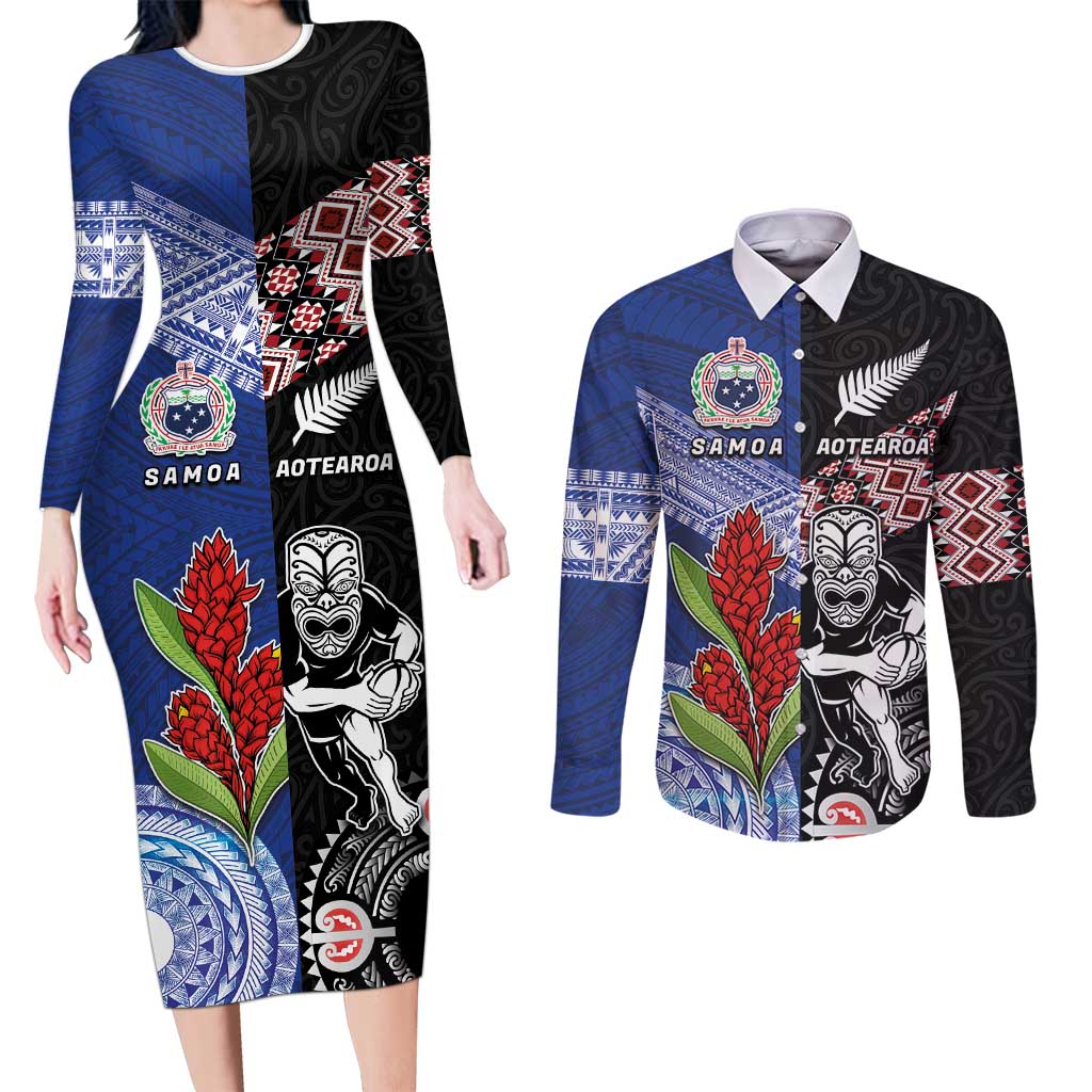 Custom Aotearoa and Samoa Rugby Couples Matching Long Sleeve Bodycon Dress and Long Sleeve Button Shirt Maori Warrior and Teuila Emblem-Tatau with Taniko Art