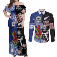 Custom Aotearoa and Samoa Rugby Couples Matching Off Shoulder Maxi Dress and Long Sleeve Button Shirt Maori Warrior and Teuila Emblem-Tatau with Taniko Art