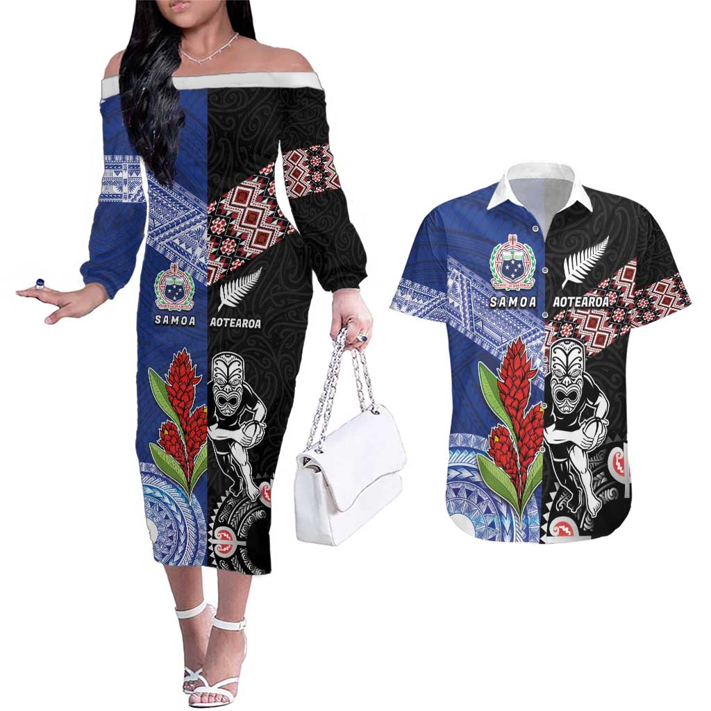 Custom Aotearoa and Samoa Rugby Couples Matching Off The Shoulder Long Sleeve Dress and Hawaiian Shirt Maori Warrior and Teuila Emblem-Tatau with Taniko Art