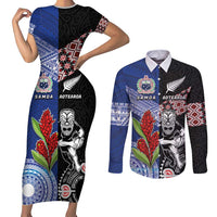 Custom Aotearoa and Samoa Rugby Couples Matching Short Sleeve Bodycon Dress and Long Sleeve Button Shirt Maori Warrior and Teuila Emblem-Tatau with Taniko Art