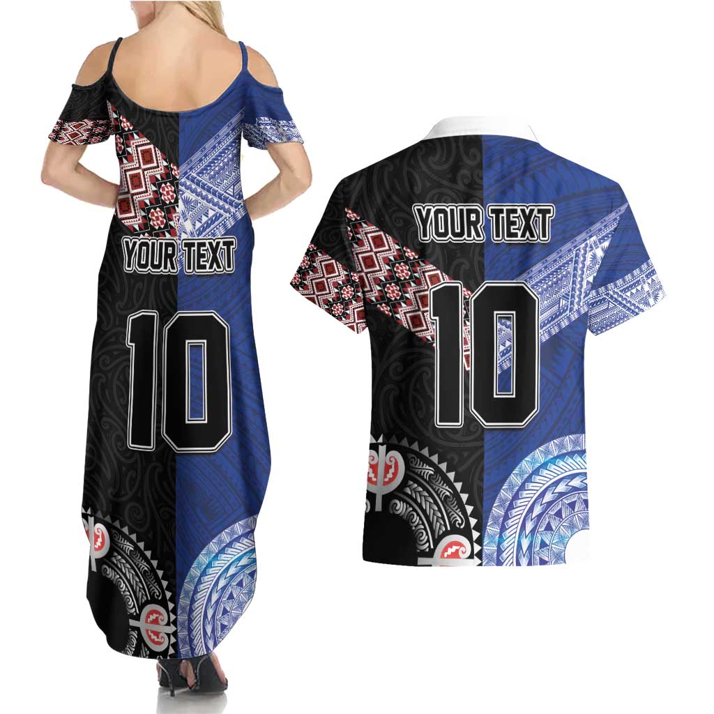 Custom Aotearoa and Samoa Rugby Couples Matching Summer Maxi Dress and Hawaiian Shirt Maori Warrior and Teuila Emblem-Tatau with Taniko Art
