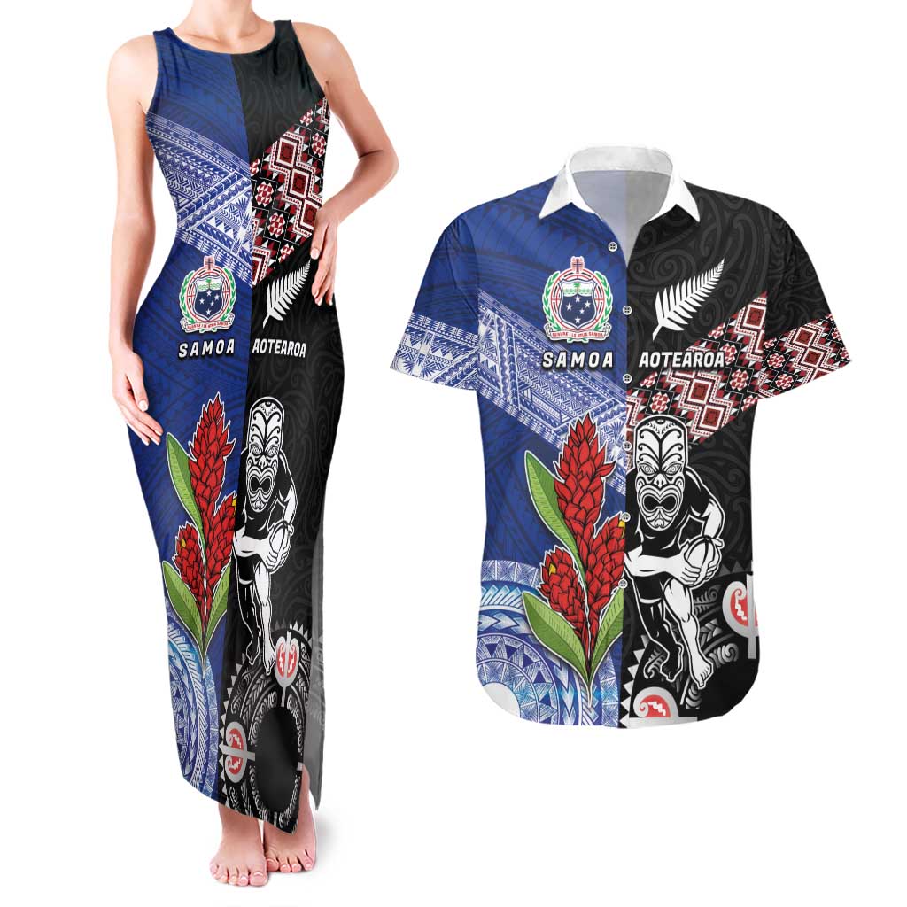 Custom Aotearoa and Samoa Rugby Couples Matching Tank Maxi Dress and Hawaiian Shirt Maori Warrior and Teuila Emblem-Tatau with Taniko Art