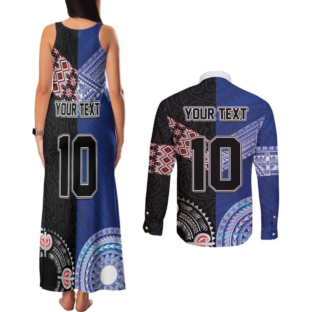 Custom Aotearoa and Samoa Rugby Couples Matching Tank Maxi Dress and Long Sleeve Button Shirt Maori Warrior and Teuila Emblem-Tatau with Taniko Art