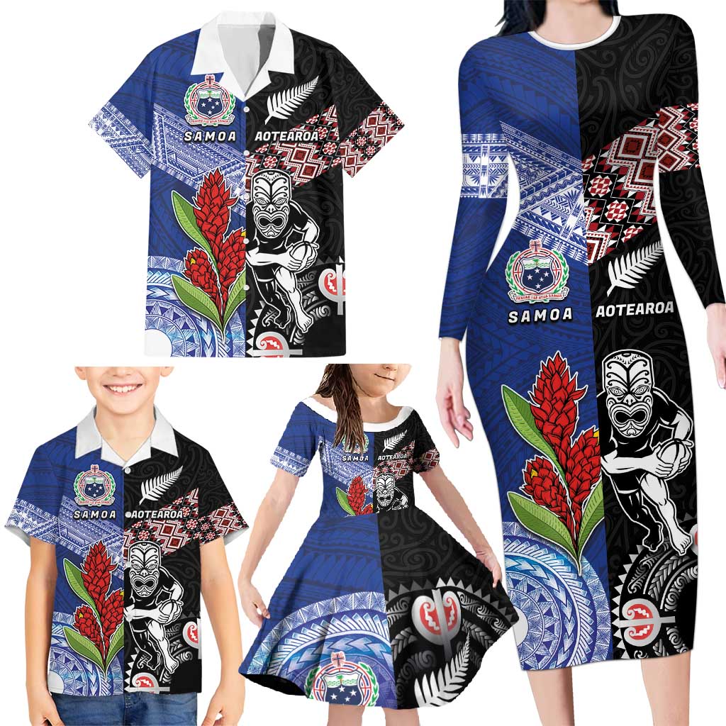 Custom Aotearoa and Samoa Rugby Family Matching Long Sleeve Bodycon Dress and Hawaiian Shirt Maori Warrior and Teuila Emblem-Tatau with Taniko Art