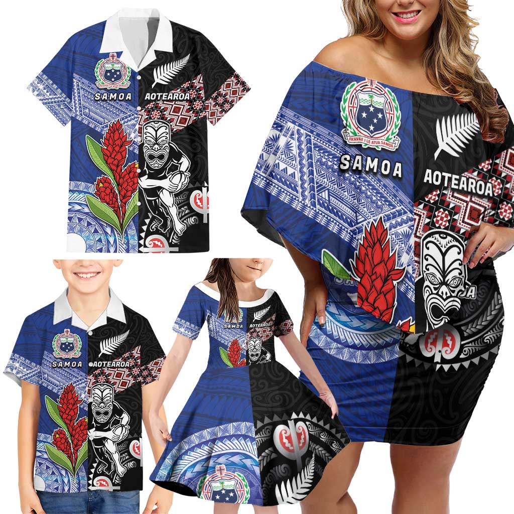 Custom Aotearoa and Samoa Rugby Family Matching Off Shoulder Short Dress and Hawaiian Shirt Maori Warrior and Teuila Emblem-Tatau with Taniko Art