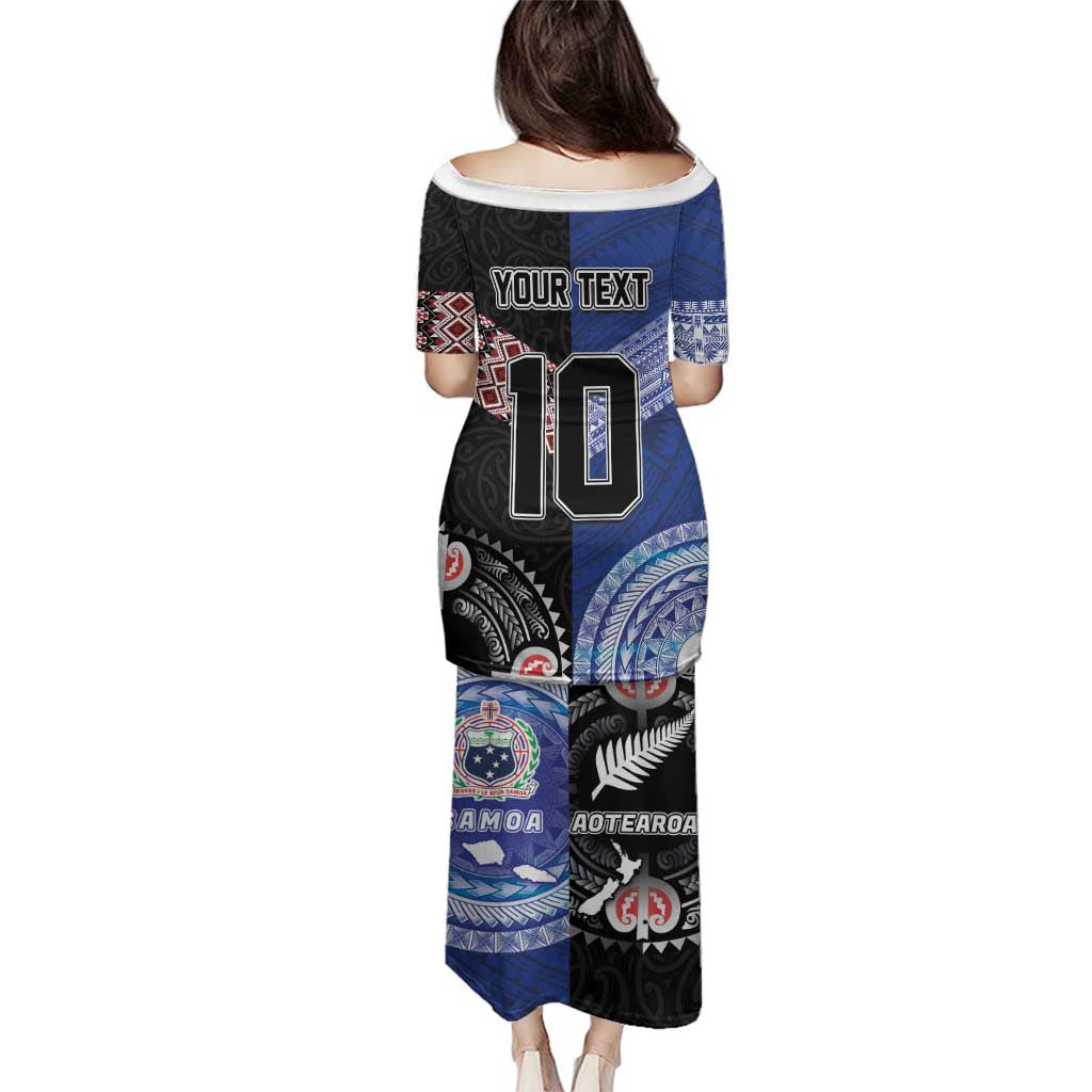 Custom Aotearoa and Samoa Rugby Family Matching Puletasi and Hawaiian Shirt Maori Warrior and Teuila Emblem-Tatau with Taniko Art