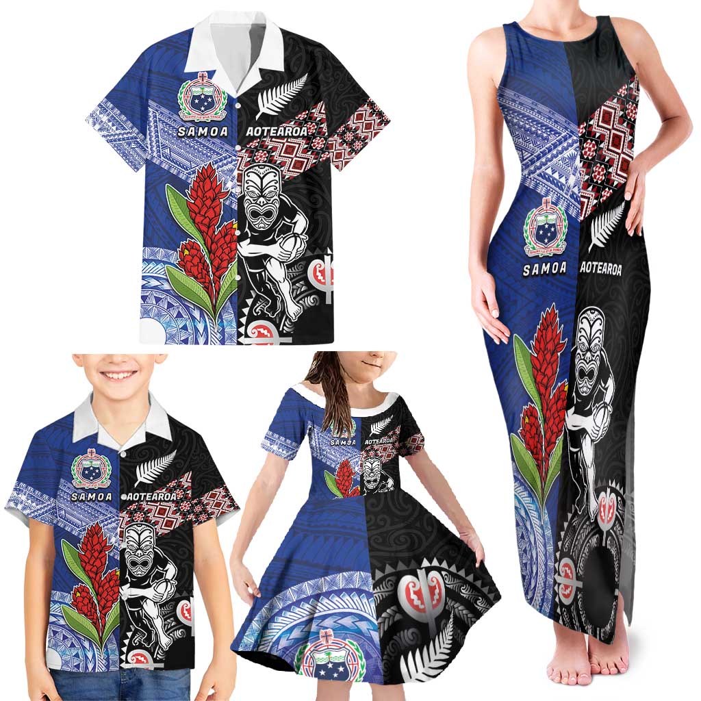 Custom Aotearoa and Samoa Rugby Family Matching Tank Maxi Dress and Hawaiian Shirt Maori Warrior and Teuila Emblem-Tatau with Taniko Art