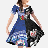 Custom Aotearoa and Samoa Rugby Kid Short Sleeve Dress Maori Warrior and Teuila Emblem-Tatau with Taniko Art