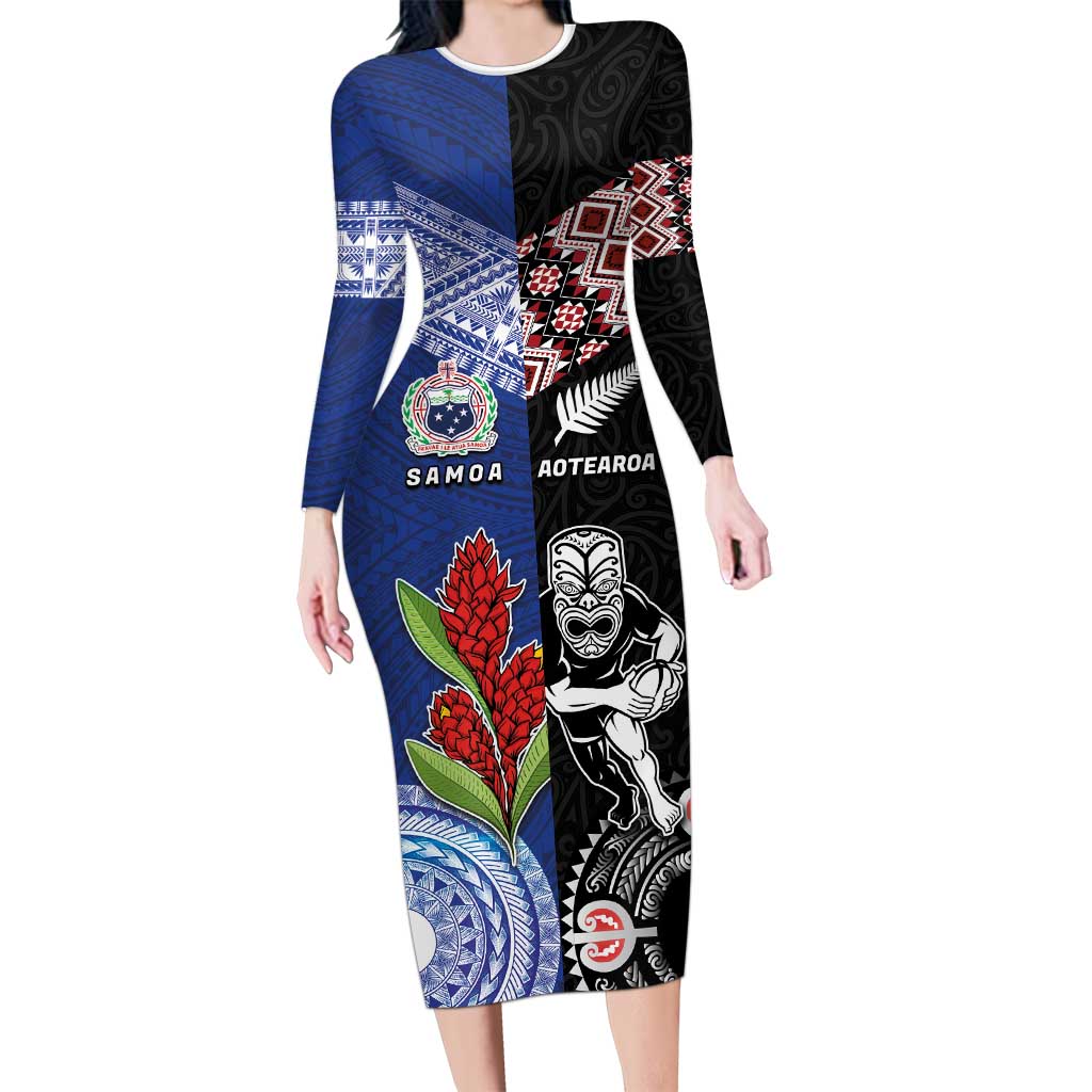 Custom Aotearoa and Samoa Rugby Long Sleeve Bodycon Dress Maori Warrior and Teuila Emblem-Tatau with Taniko Art