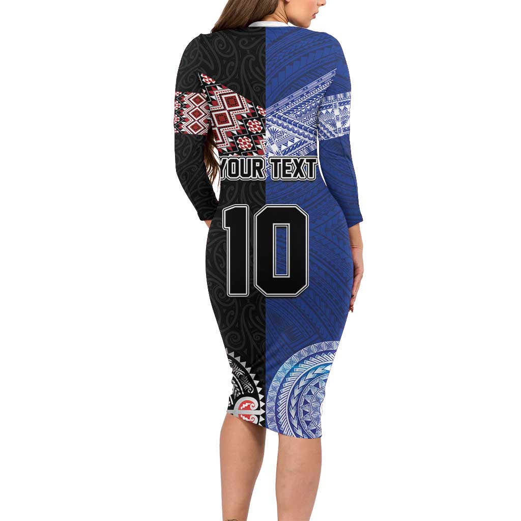 Custom Aotearoa and Samoa Rugby Long Sleeve Bodycon Dress Maori Warrior and Teuila Emblem-Tatau with Taniko Art