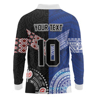 Custom Aotearoa and Samoa Rugby Long Sleeve Polo Shirt Maori Warrior and Teuila Emblem-Tatau with Taniko Art