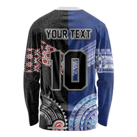 Custom Aotearoa and Samoa Rugby Long Sleeve Shirt Maori Warrior and Teuila Emblem-Tatau with Taniko Art