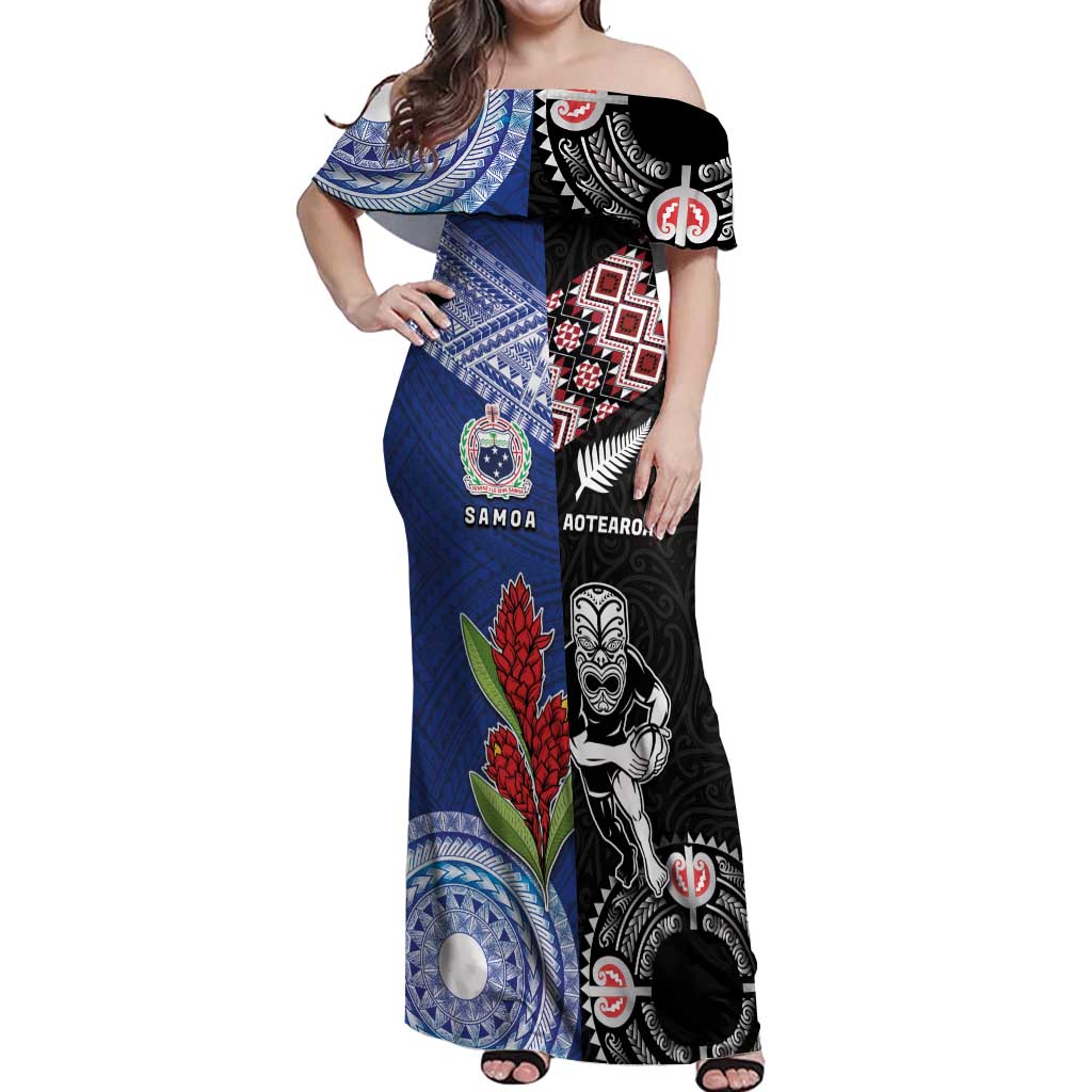 Custom Aotearoa and Samoa Rugby Off Shoulder Maxi Dress Maori Warrior and Teuila Emblem-Tatau with Taniko Art