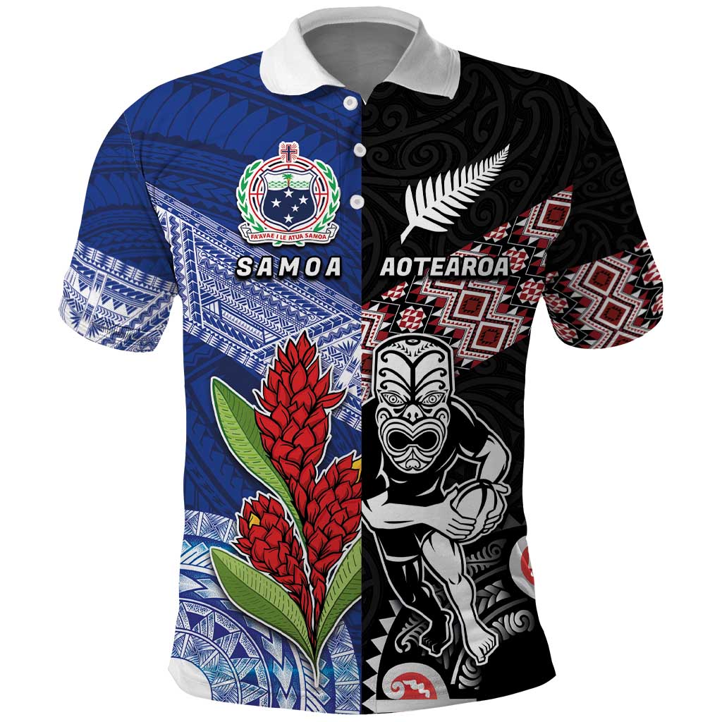 Custom Aotearoa and Samoa Rugby Polo Shirt Maori Warrior and Teuila Emblem-Tatau with Taniko Art