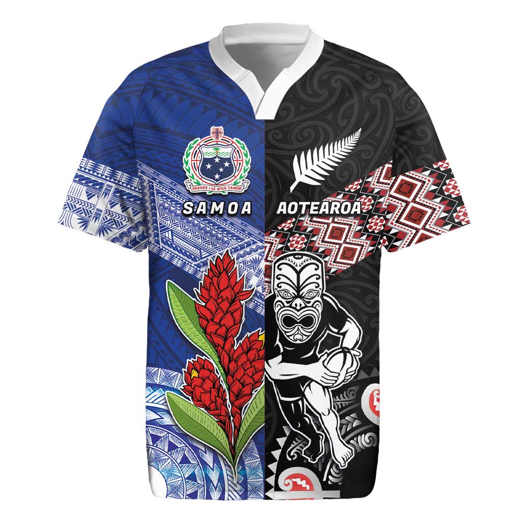 Custom Aotearoa and Samoa Rugby Rugby Jersey Maori Warrior and Teuila Emblem-Tatau with Taniko Art