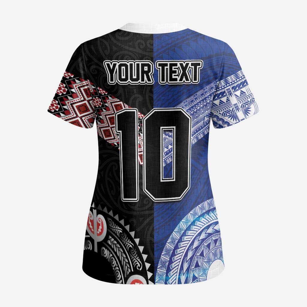 Custom Aotearoa and Samoa Rugby Scrub Top Maori Warrior and Teuila Emblem-Tatau with Taniko Art - Polynesian Pride