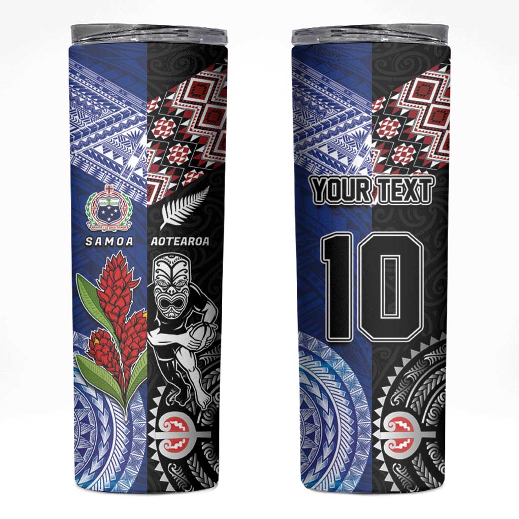 Custom Aotearoa and Samoa Rugby Skinny Tumbler Maori Warrior and Teuila Emblem-Tatau with Taniko Art